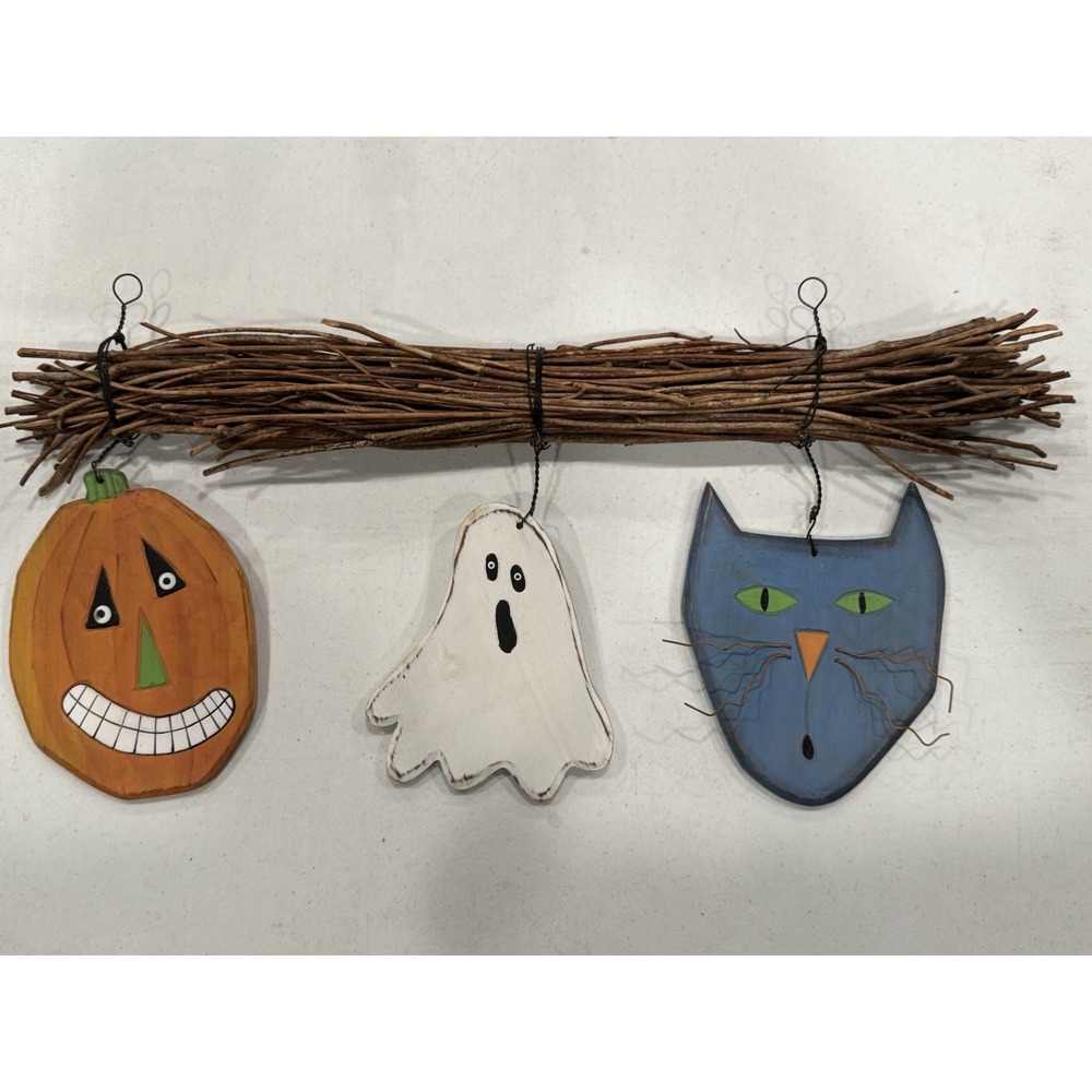 Festive Handmade Hand Painted Wood Halloween Wall Accent Ghost, Cat & Pumpkin